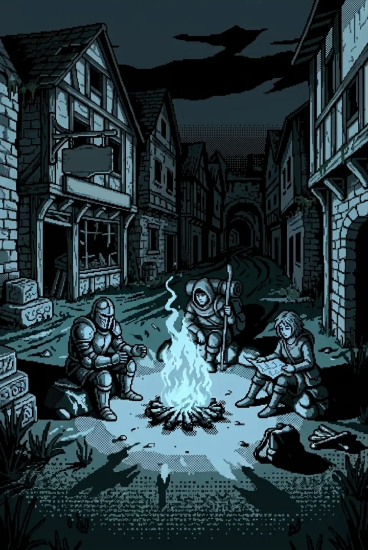 A fire in a ruined city street