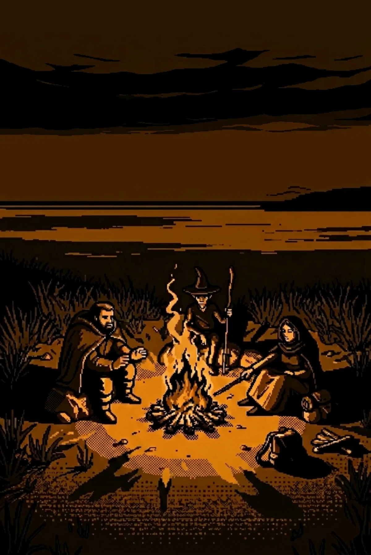 Three travellers around a fire on the windswept plains